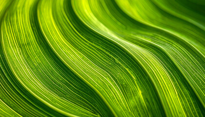 Abstract close up of vibrant green leaf ribbing pattern with soft waves and natural light, creating calming organic texture and smooth flow for nature backgrounds or eco concepts