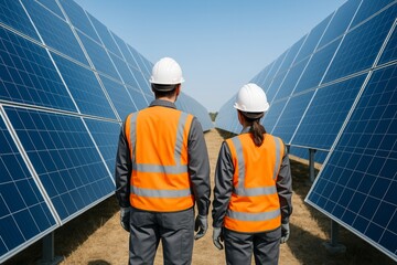 Engineers inspecting solar panels at photovoltaic station in safety gear on sunny day, promoting eco energy and green environment concept. Ai generative