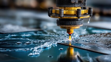 Precision machine tool meticulously cuts material using a focused energy beam submerged in liquid