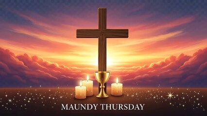 Wooden cross with golden chalice and candles at sunset for Maundy Thursday