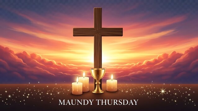Wooden cross with golden chalice and candles at sunset for Maundy Thursday - Powered by Adobe
