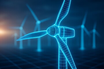 Digital holographic wind turbine model with glowing grid lines showcasing futuristic eco energy technology on a dark grid background at sunset. Ai generative