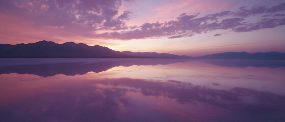 Serene purple sunset over tranquil mountain lake reflection