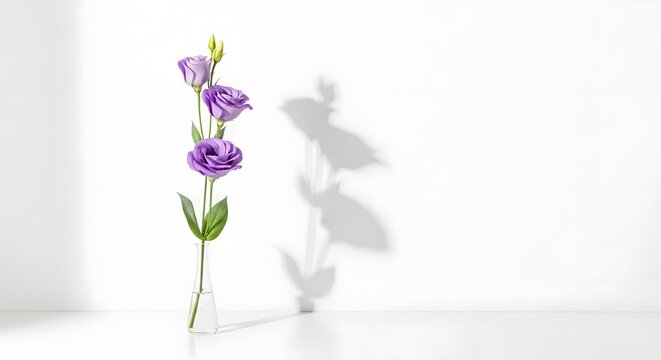 Minimalist still life of a single purple gladiolus flower casting a shadow on a white background