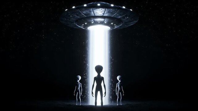 Alien silhouette figures in a light beam from a UFO in space.