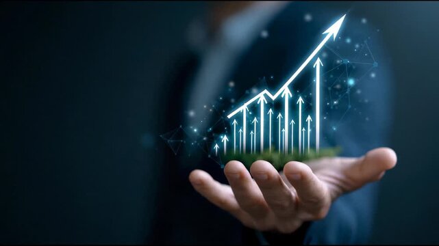 Personal touch highlights a profit and price graph icon on hand with up trend arrow and improvement achievement-driven action.