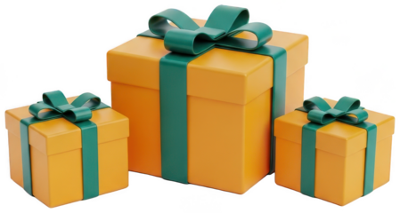 Three festive gift boxes with green ribbon and bows on checkered background