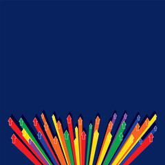 Colourful arrows moving up with white outlines at the bottom with shadow and a dark blue background.
