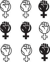 Isolated women rights fist collection symbol icon, raised fist empowerment vector, female equality activism illustration, minimal design, women leadership branding, rights movement vector