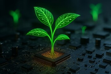 Glowing green plant sprout growing from CPU chip symbolizing eco friendly technology and green energy on dark circuit board background. Ai generative. Ai generative