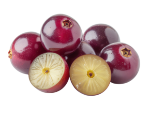 A cluster of glossy, round, purple berries. Two are sliced in half, showing the gelatinous, patterned pulp and central core.