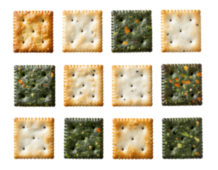 An assortment of twelve square crackers, neatly arranged. Some are plain golden-brown, while others are topped with a savory green herb and vegetable mixture.