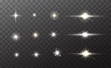 Set Light effects. Explosions, stars, dust, glowing light, shine, solar flares sparks sequins Glare radiance effect