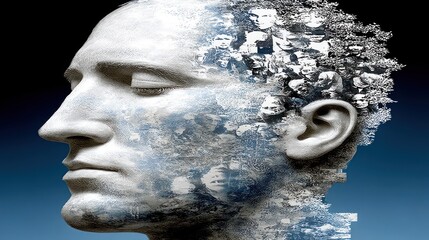 Sculpted profile portrait merges with imagery representing collective human thought and memory.