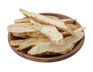 A wooden bowl filled with dried, sliced Astragalus root. The light-colored, fibrous herbal pieces are piled high, showcasing their natural, woody texture.