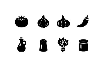 Cooking Ingredients Icons. Cooking Ingredients. Filled icon set of Cooking Ingredients: tomato, onion, garlic,