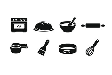Baking Icon Set. Baking Recipes. Filled icon set of Baking Recipes: oven, dough, mixing bowl, rolling pin,