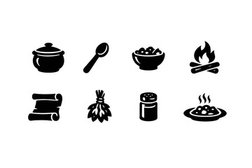 Traditional Recipe Icons. Traditional Recipes. Filled icon set of Traditional Recipes: clay pot, wooden spoon,