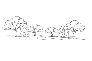 Minimalist Snowy Trees. City park trees in snow. Minimalistic one-line drawing snow-laden park trees with