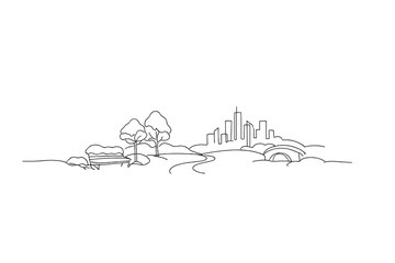 Fototapeta premium Snowy Urban Park. Snowy urban park landscape. Minimalistic one-line drawing city park covered in fresh snow