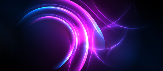 Obraz premium Abstract neon lights create swirling energy. Vivid purple, blue hues dominate dark background. Dynamic curves suggest movement, depth.