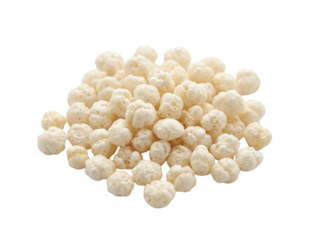 A pile of small, white, puffed cereal balls with a textured, lumpy, and porous surface.