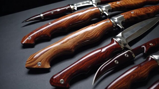 Polished wood handle knife collection featuring stainless steel blade, elegant craftsmanship, sharp edge, modern artful blades display, stylish design