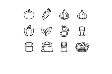 Cooking Ingredients Icons. Cooking Ingredients. Line outline icon set of cooking ingredients: tomato, carrot,