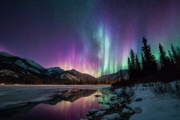 Aurora over a remote winter landscape: starry sky, mountain ridges, and reflective lake