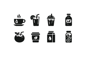 Organic Drink Icons. Organic Beverages. Filled icon set of Organic Beverages: herbal tea cup, fresh juice,