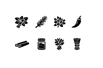 Herbs and Spices Icons. Organic Herbs & Spices. Filled icon set of Organic Herbs & Spices: basil bunch,