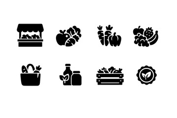 Vegan Market Icons. Vegan Market. Filled icon set of Vegan Market: market stall, fresh produce, vegetables,