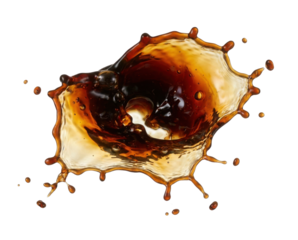 A dynamic splash of dark brown liquid, frozen in mid-air. The swirling motion creates a crown shape with droplets radiating outwards.
