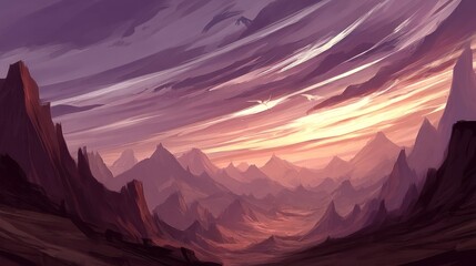 Dramatic mountain range stretches across a valley beneath a vividly colored sky at dusk