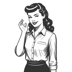 cheerful retro girl winking, styled with classic 1950s fashion and wavy hairstyle sketch engraving generative ai fictional character vector illustration. Scratch board imitation. Black and white image