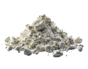 A pile of white, chalky powder with larger, crumbly chunks and rocks.