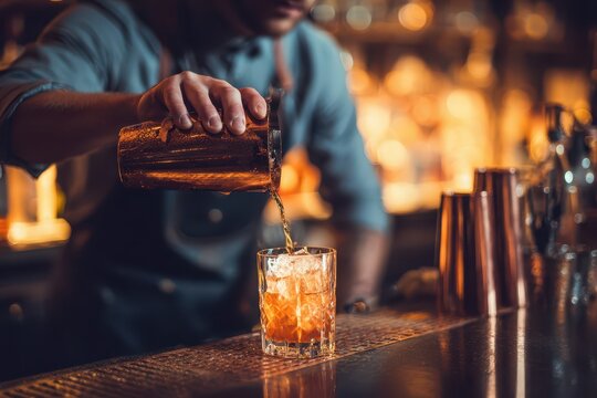 Bartender pouring a cocktail at a warmly lit bar, hands in focus