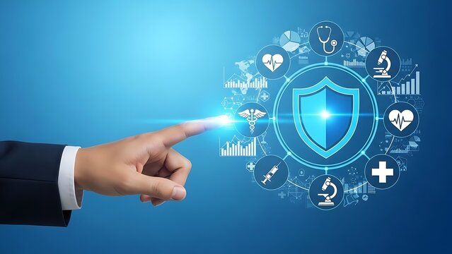 Business professional touching digital healthcare security shield icon - Powered by Adobe