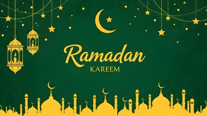 Ramadan Kareem celebration with mosque silhouettes and crescent moon