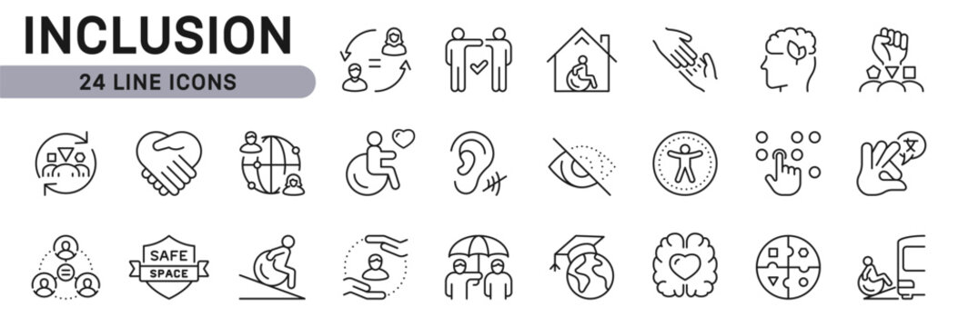 Inclusion line icon set representing Diversity, Accessibility, Equality, Disability Support, Community. Editable stroke