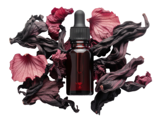 A brown glass dropper bottle containing a red herbal essence, nestled among dried hibiscus flower petals.