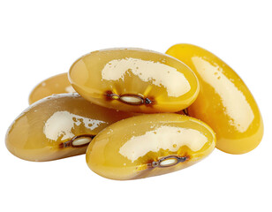 A small pile of glossy, yellow canary beans. The beans are plump and moist, with a smooth, shiny surface and visible hilum.