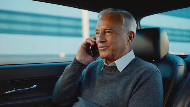 Senior man using his mobile phone in a taxi.