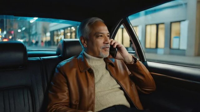 Senior man using his mobile phone in a taxi.