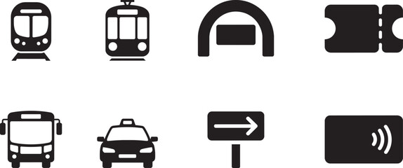 Public transport icons set featuring train bus taxi ticket entrance and contactless payment © MC Creative