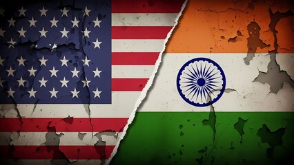 United States and India Flag Battle Damage Crossed Flags Torn Flags War Conflict International Tension Political Tension