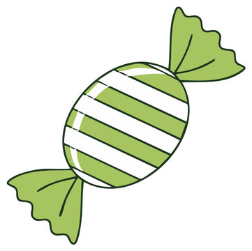 Striped wrapped candy illustration with green and white stripes, isolated on white for sweet treat concepts