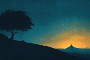 Calm horizon illustration featuring silhouettes of a tree and temple under gradient sky
