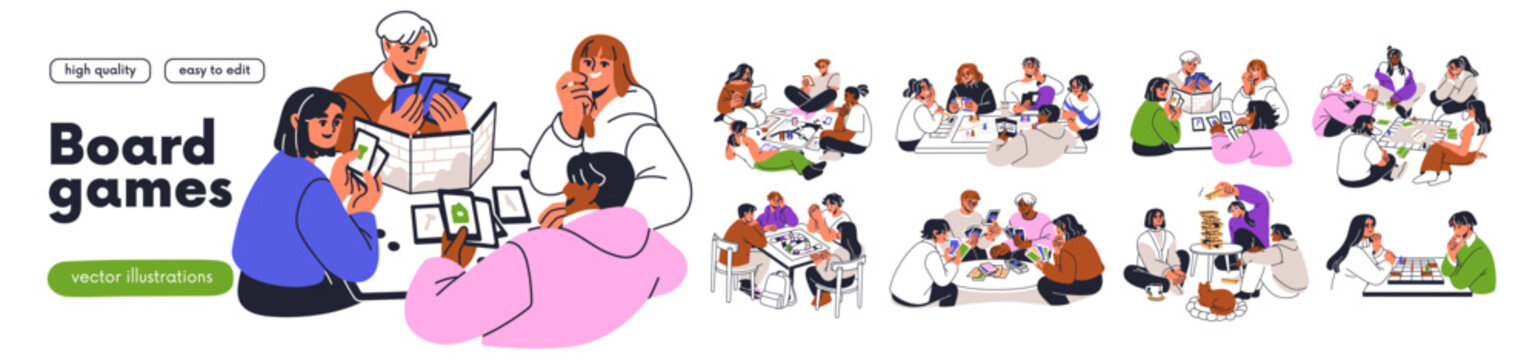 Friends playing board games at table, leisure activities with cards, dices, map. People groups at tables during fun indoor gathering, party. Flat vector illustration isolated on white background