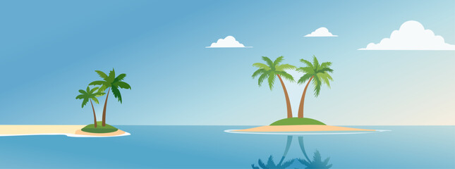 Obraz premium Tropical Serenity: Two lush tropical islands, crowned with swaying palms, rest peacefully in a serene turquoise sea under a clear sky. A scene of tranquil escape and natural beauty.
